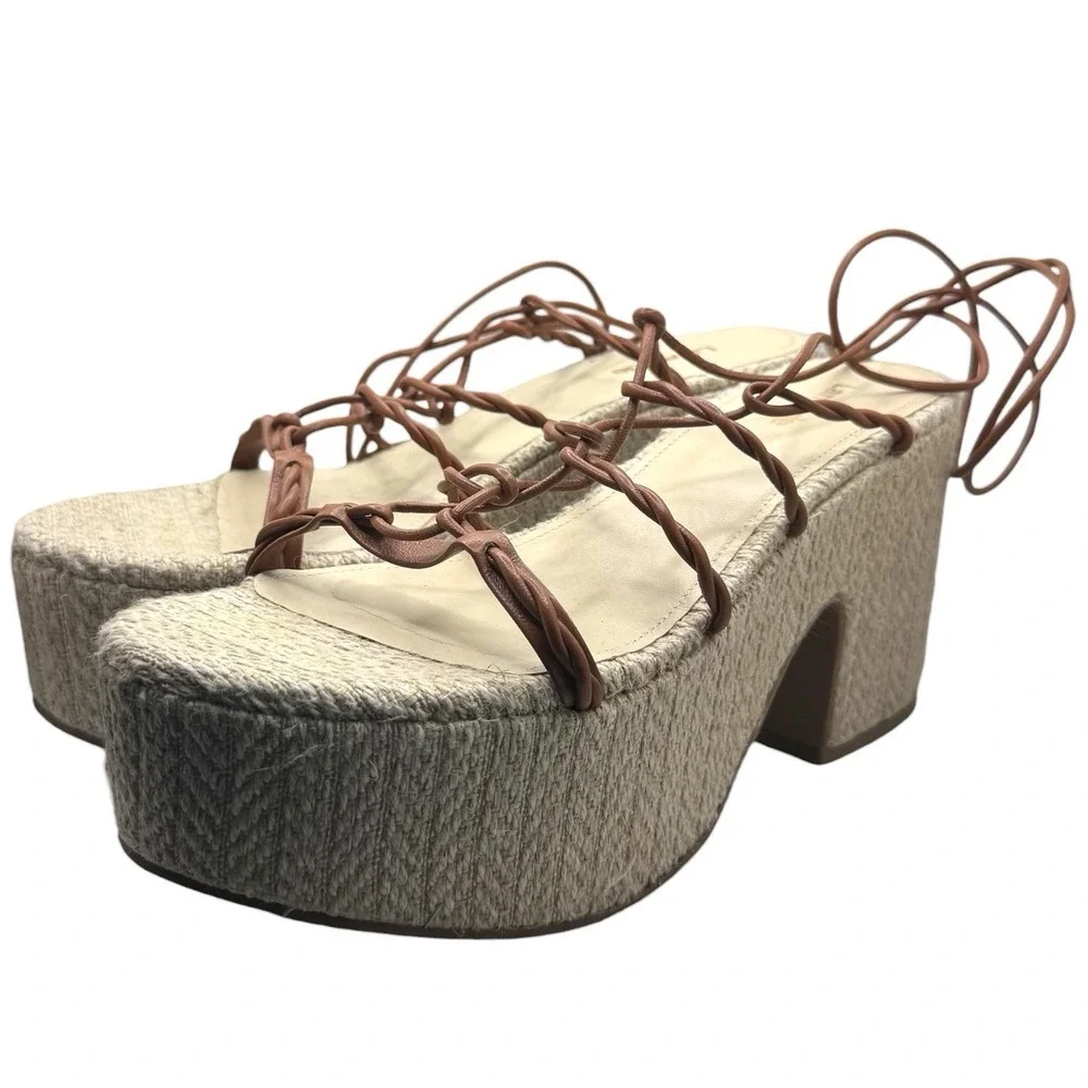 NWOT Larroude Coco Platform Sandal In Raffia & Caramel Leather Summer Travel 9.5